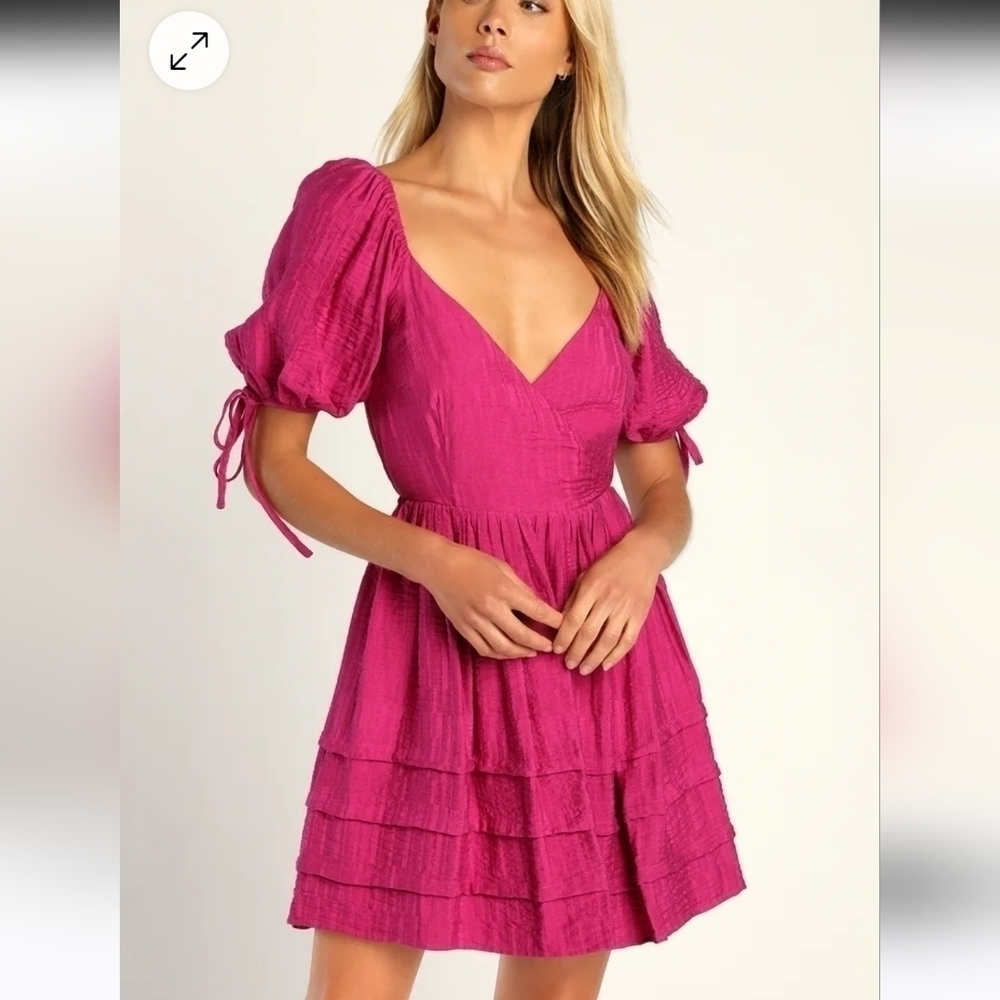 NWOT LULU'S Always Precious Magenta Puff Sleeve Tiered Tie Back Mini Dress XS